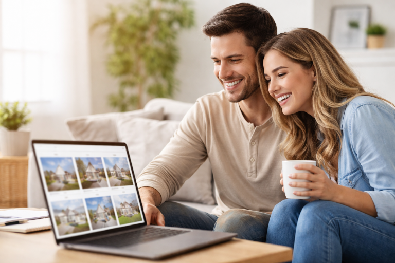 Couple searching for homes online in Sacramento, highlighting digital home buying trends and staging impact